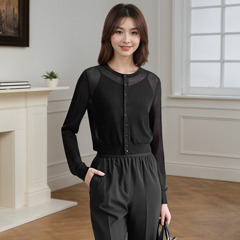 Ice Silk Round Neck Solid Color Lightweight Breathable Air-Conditioned Sun Protection Knitted Cardigan Summer New Style Outer Long-Sleeved Top