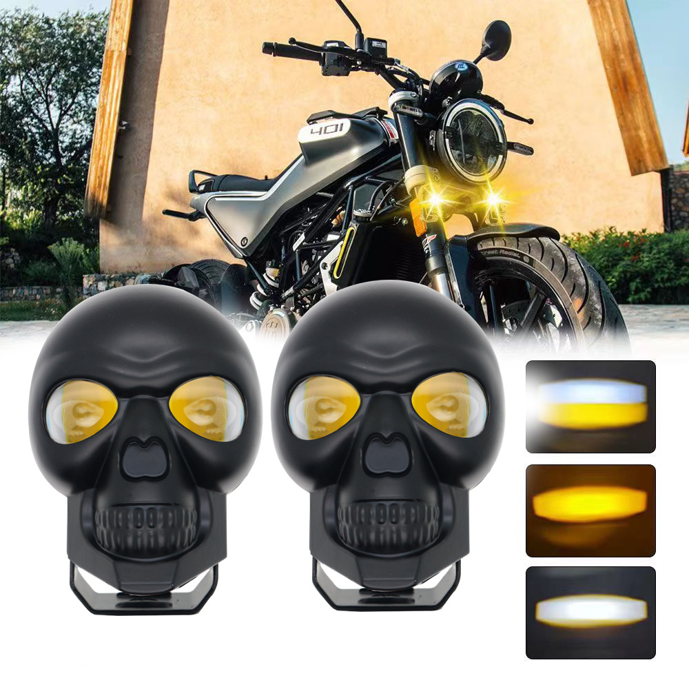 Motocicleta LED proyector cráneo de dos colores foco faro lejos y cerca de la luz del vehículo todoterreno vehículo eléctrico modificado motocicleta