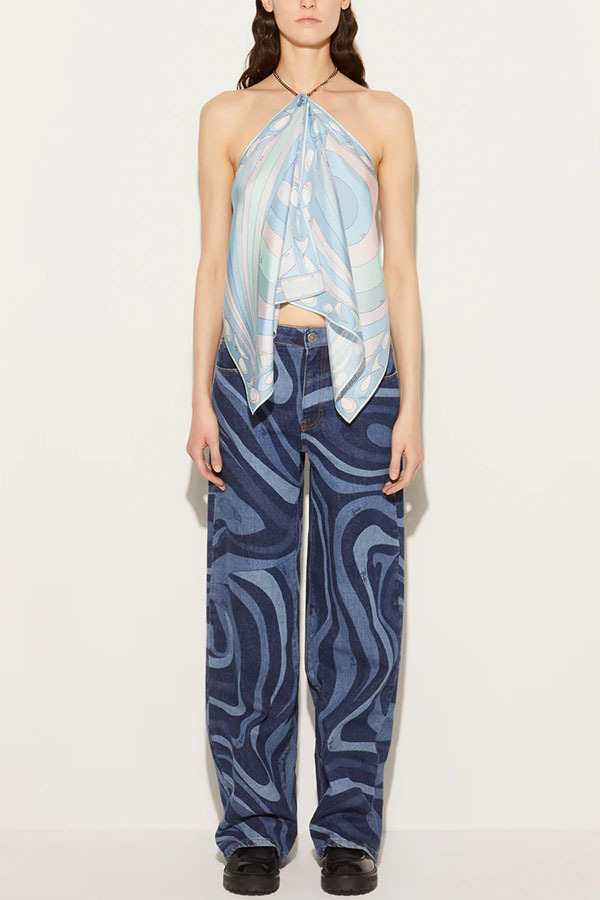 Top bandeau com decote halter em cetim estampado para mulher_voghion.com
