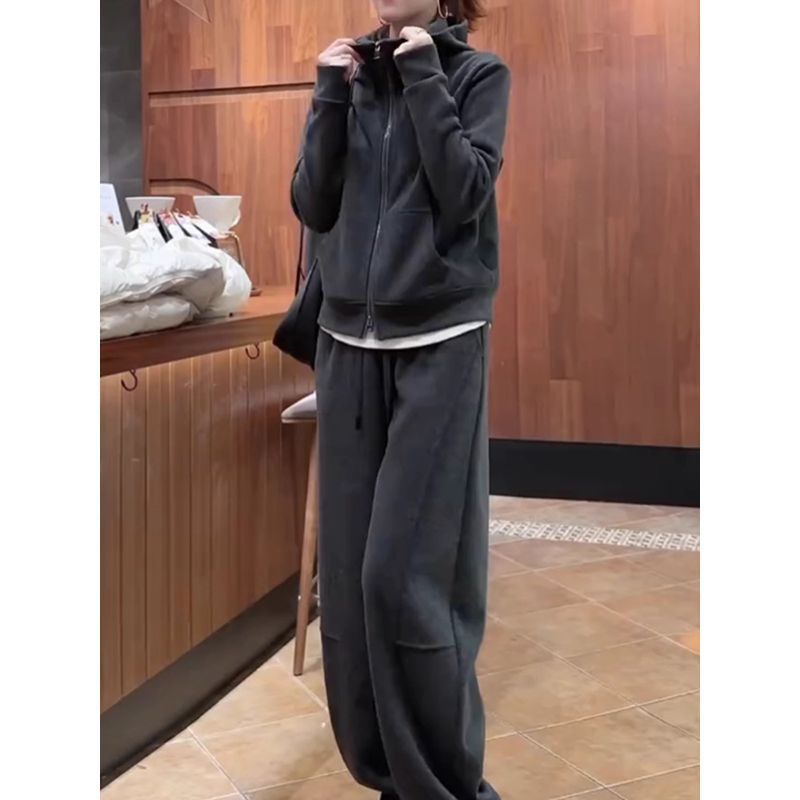 韩版女装时髦洋气套装春秋高腰灰色阔腿裤运动开衫卫衣两件套|undefined