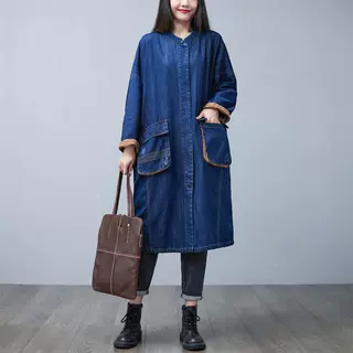 秋韩版复古牛仔蝙蝠袖外套女大码小立领立体口袋风衣开衫
