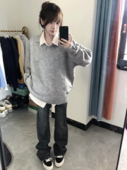 学院风灰色polo领毛衣女宽松慵懒美式复古秋季冬翻领针织衫外套潮
