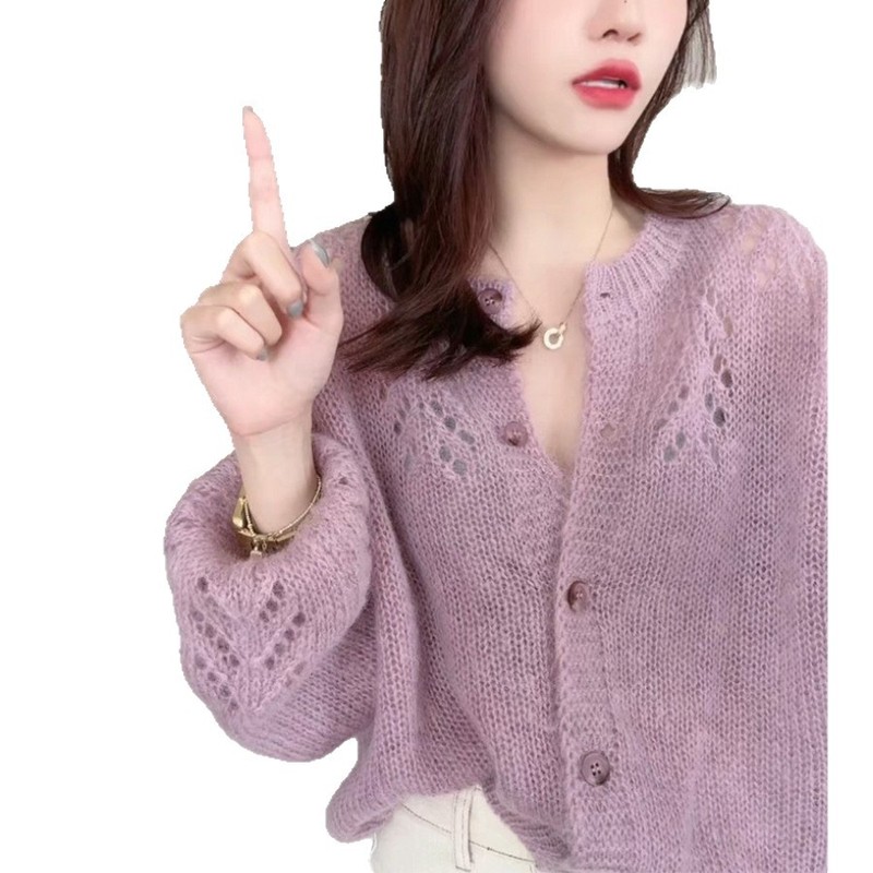 韩版休闲针织毛衣女开衫外套女2025秋季新款高级感马海毛镂空上衣|undefined