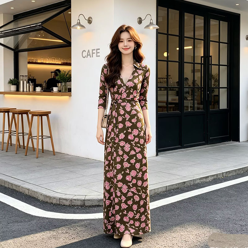 Summer New Pink Flower Printed Lapel Long Dress Stretch Skin-friendly One-piece Lace-up dress