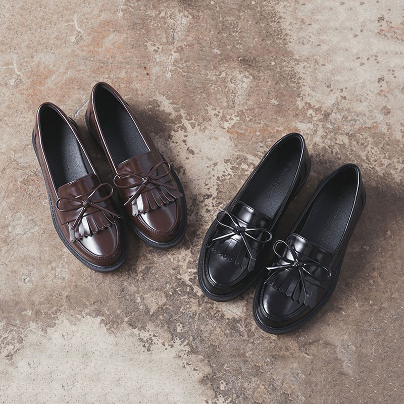 British-Style Women's Black Flat Soft Leather Shoes, Japanese Style, Suitable for Student Uniforms, Jk Slip-On Loafers