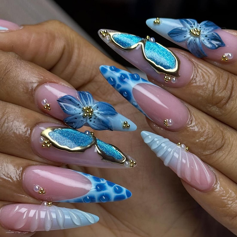 Wearable Nails in European and American Style, Long Pointed Blue French Cat-Eye Design with Gold Accents, 3D Stereo Resin Flowers, Removable Fake Nails Wearable Nails in European and American Style, Long Pointed Blue French Cat-Eye Design with Gold Accents, 3D Stereo Resin Flowers, Removable Fake Nails