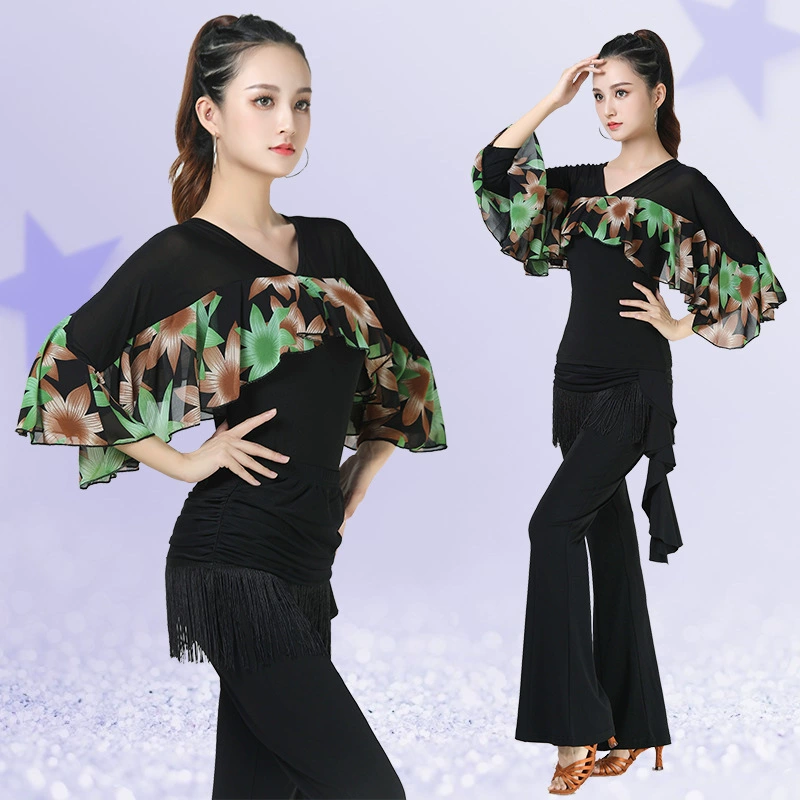 Танцевальный Топ Jitterba, женское новое платье с рюшами из кленового листа, современное танцевальное платье, профессиональное платье для латинских танцев со средним рукавом