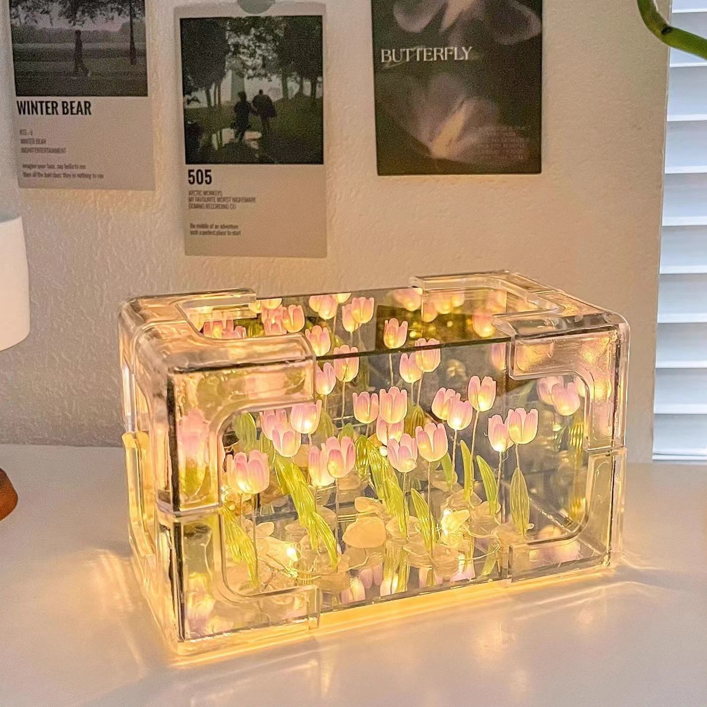 Diy Tulipan flores mar lámpara de noche espejo rectangular pareja novia Día de San Valentín Diy lámpara caja de regalo ramo de flores iluminado