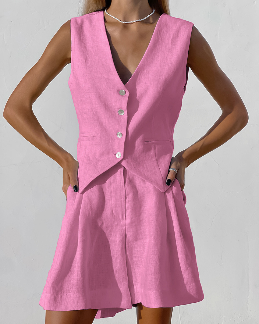 238g Weight Sleeveless Sleeve Length Cotton Fabric Type Pant Co-ord Set Sets Type 2 Pieces Set Quantity Holiday, Daily Occasion V Neck Neckline Regular Fit Fit Type Solid Color Pattern Summer Season Women's Gender Streetwear Style Holiday Daily Women's Streetwear Solid Color Cotton Pant Co-ord Set Shorts Sets 12