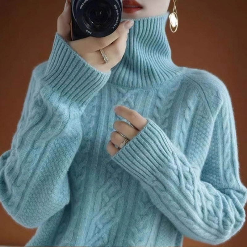 Women's twisted turtleneck sweater autumn and winter New lazy style thick warm loose solid color thread knitted bottoming shirt