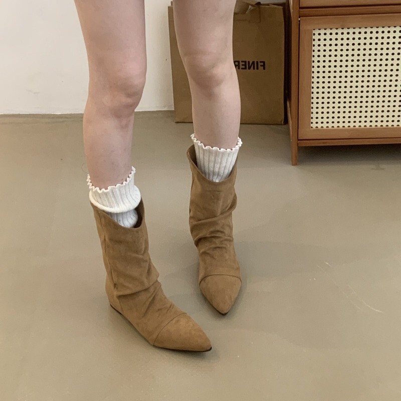 Vintage Pleated Pointed Toe Hidden Wedge Slouch Boots 2025 New Slimming Western Cowboy Boots Women's Autumn Winter Ankle Sock Boots