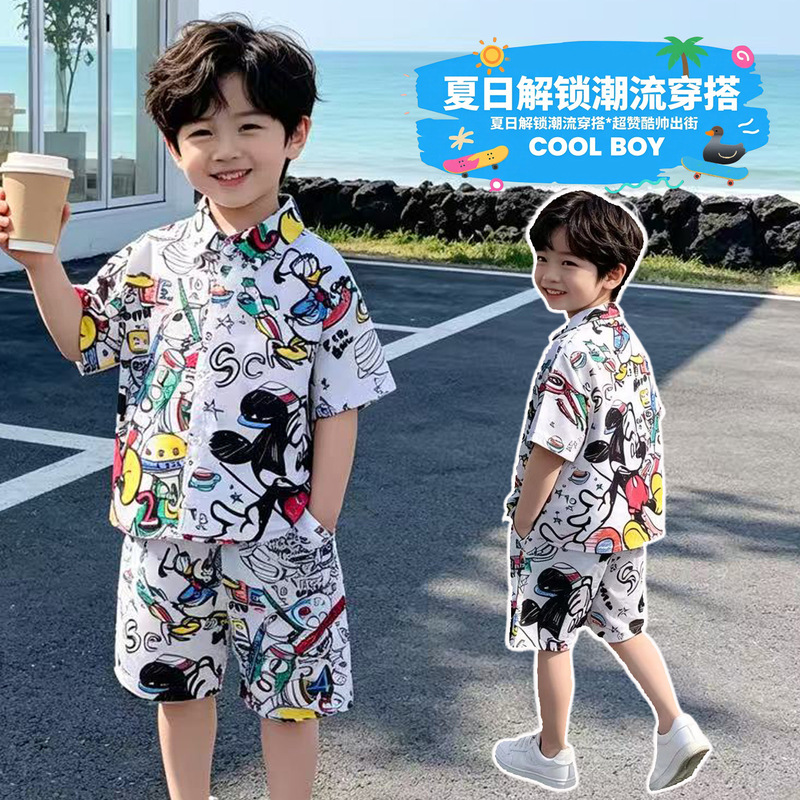 Children's Clothing Cartoon Print Set 2026 Summer New Style Boys' Two-Piece Set Stylish Shirt and Shorts for Little Babies Children's Clothing Cartoon Print Set 2026 Summer New Style Boys' Two-Piece Set Stylish Shirt and Shorts for Little Babies