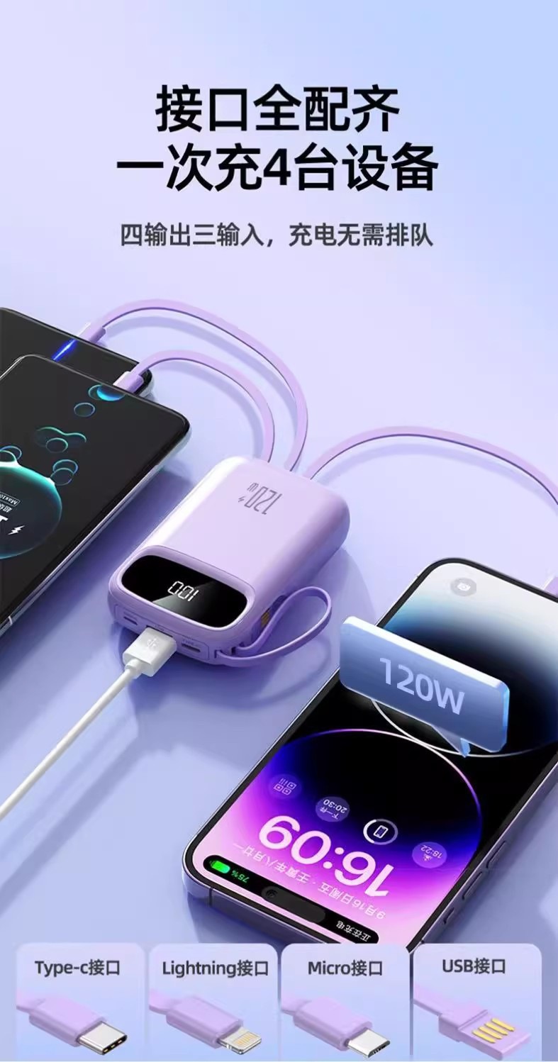 Powerbank Mini Hochleistung 20000mAh 3C-Zertifiziert Ultra-Schnellladestation Powerbank mit integriertem Kabel Mobiler Stromspeicher