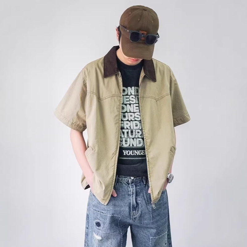 Japanese Retro Detroit Workwear Shirt for Men, Summer Short-Sleeve Top, Trendy Brand Cleanfit Half-Sleeve Hunting Jacket Japanese Retro Detroit Workwear Shirt for Men, Summer Short-Sleeve Top, Trendy Brand Cleanfit Half-Sleeve Hunting Jacket