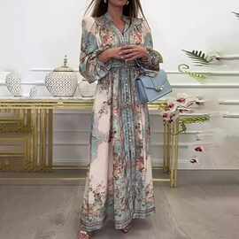 2026新款欧美跨境女装印花灯笼袖收腰长袖大摆连衣裙优雅气质长裙
