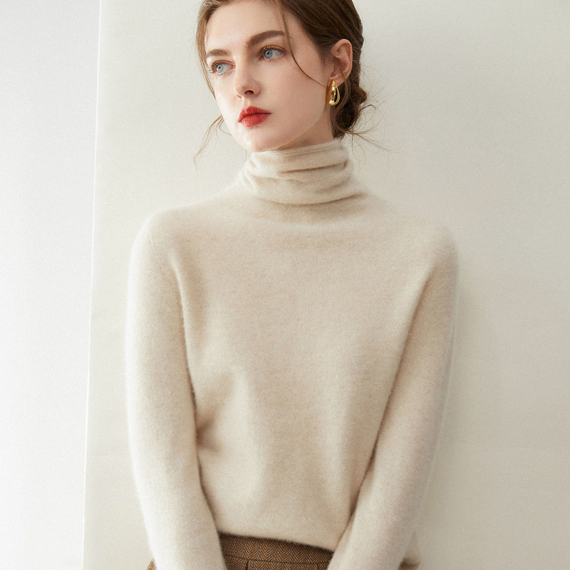 Consinee Rolled-Edge Stacked Collar Cashmere Sweater for Women, 100% Pure Cashmere, Soft and Skin-Friendly, Non-Itchy Knit Base Sweater