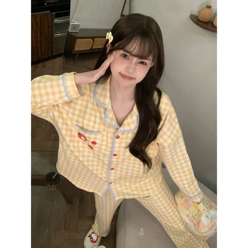 2025新款hellokitty纯棉睡衣女春秋季格子长袖家居服夏天休闲套装|undefined