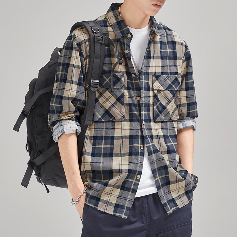 Plaid long-sleeve shirt for men, trendy brand, spring and autumn, loose fit, large size, workwear shirt jacket, men's casual top Plaid long-sleeve shirt for men, trendy brand, spring and autumn, loose fit, large size, workwear shirt jacket, men's casual top