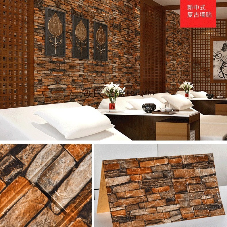 Transfronterizo al por mayor 3D tridimensional autoadhesivo papel pintado retro ladrillo patrón impermeable a prueba de humedad espuma pegatinas de pared tienda de ropa restaurante olla caliente