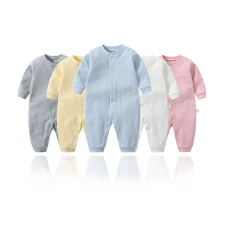 婴儿连体衣服宝宝纯棉双面布开胸哈衣长袖爬服纯净色连体衣