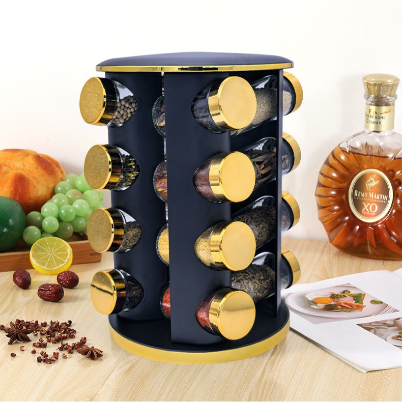 Nuevo marco de condimento de cocina transfronterizo de oro nativo multi-estante de almacenamiento giratorio conjunto de estante de condimento de artículos de cocina