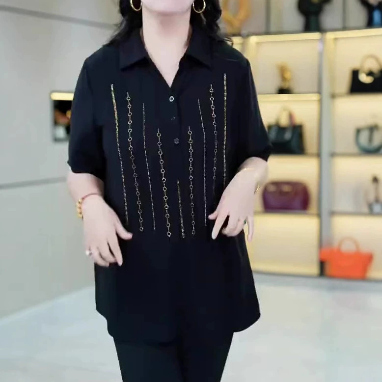 Летний новый 250 фунтов толстая мама тяжелая работа с вышивкой из бисера повседневный большой размер свободный отворот рубашка топ