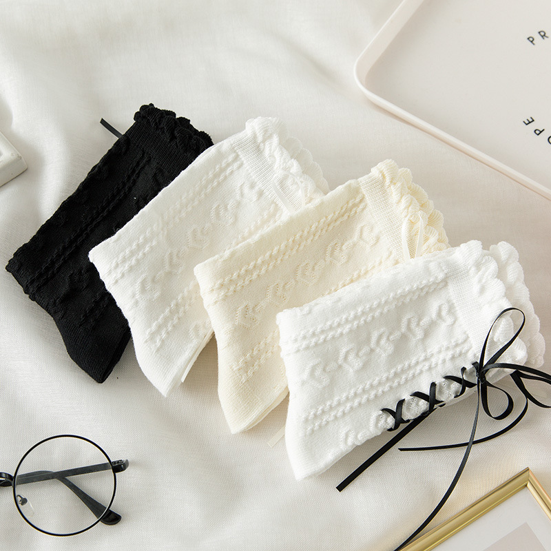 Japanese lolita white socks women's heel strap bow jk girl princess socks love lace mid-calf socks