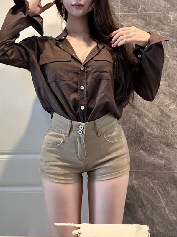 FUIV ダブルボタンヒップデニムショートパンツ女性のための 2025 春の新ライトカーキハイウエスト痩身ヒップホットパンツ|undefined
