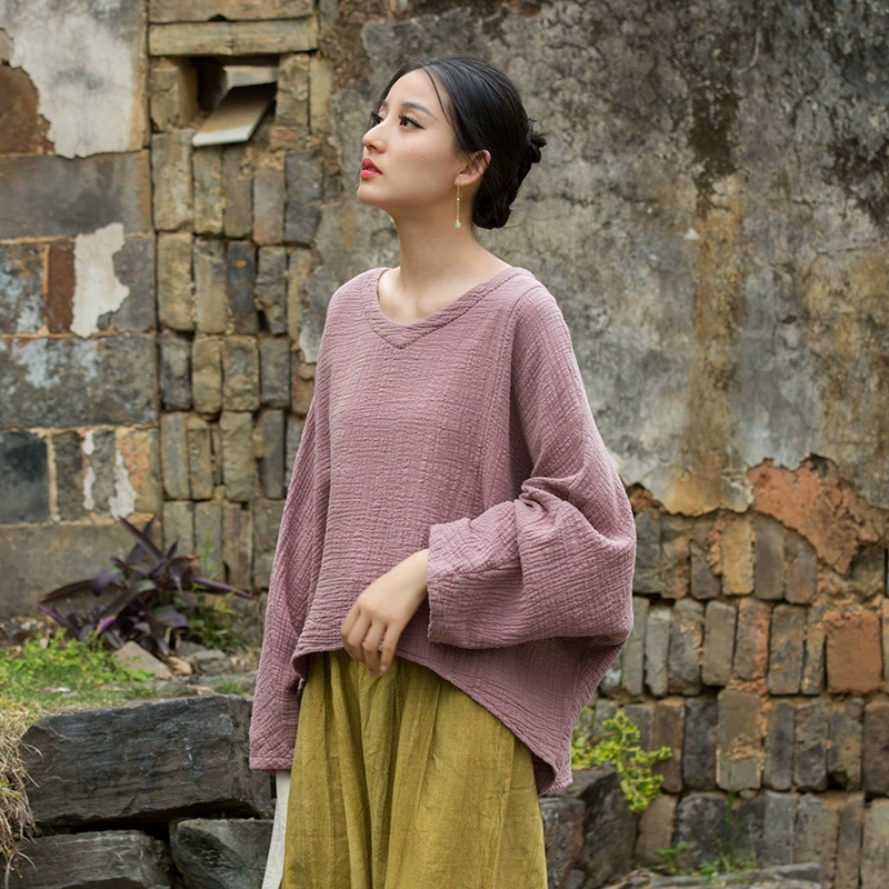 Новая женская футболка из хлопка и льна на осень/зиму, высококачественный дизайн, в стиле «ленивый шик», фактурная, с V-образным вырезом, ручная вышивка, в национальном стиле, в стиле Дзен