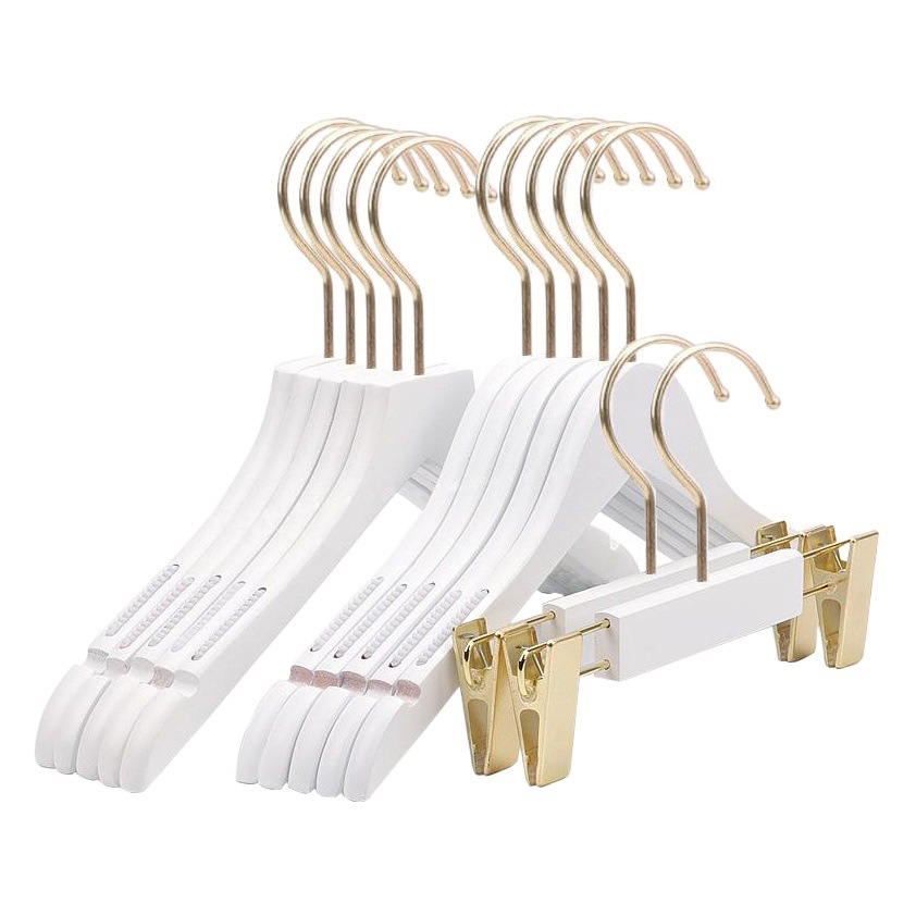 Perchas de madera maciza blancas para tiendas de ropa, tiendas de ropa infantil y femenina al por mayor, perchas de madera antideslizantes, pinzas para pantalones al por mayor