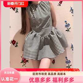 【带安全裤】花一格纹无袖蓬蓬短款娃娃裙少女感减龄连衣裙