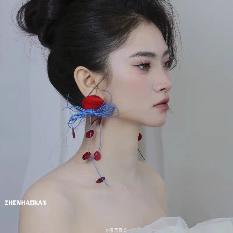 小衆赤青衝突色編み流蘇イヤリング高級感気質ピアス新中国式花嫁結婚朝服アクセサリー|undefined