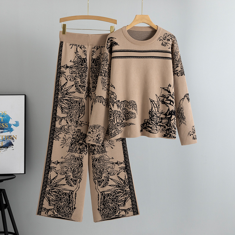 欧美外贸休闲针织套装女装春秋时尚水墨画提花印花毛衣气质两件套
