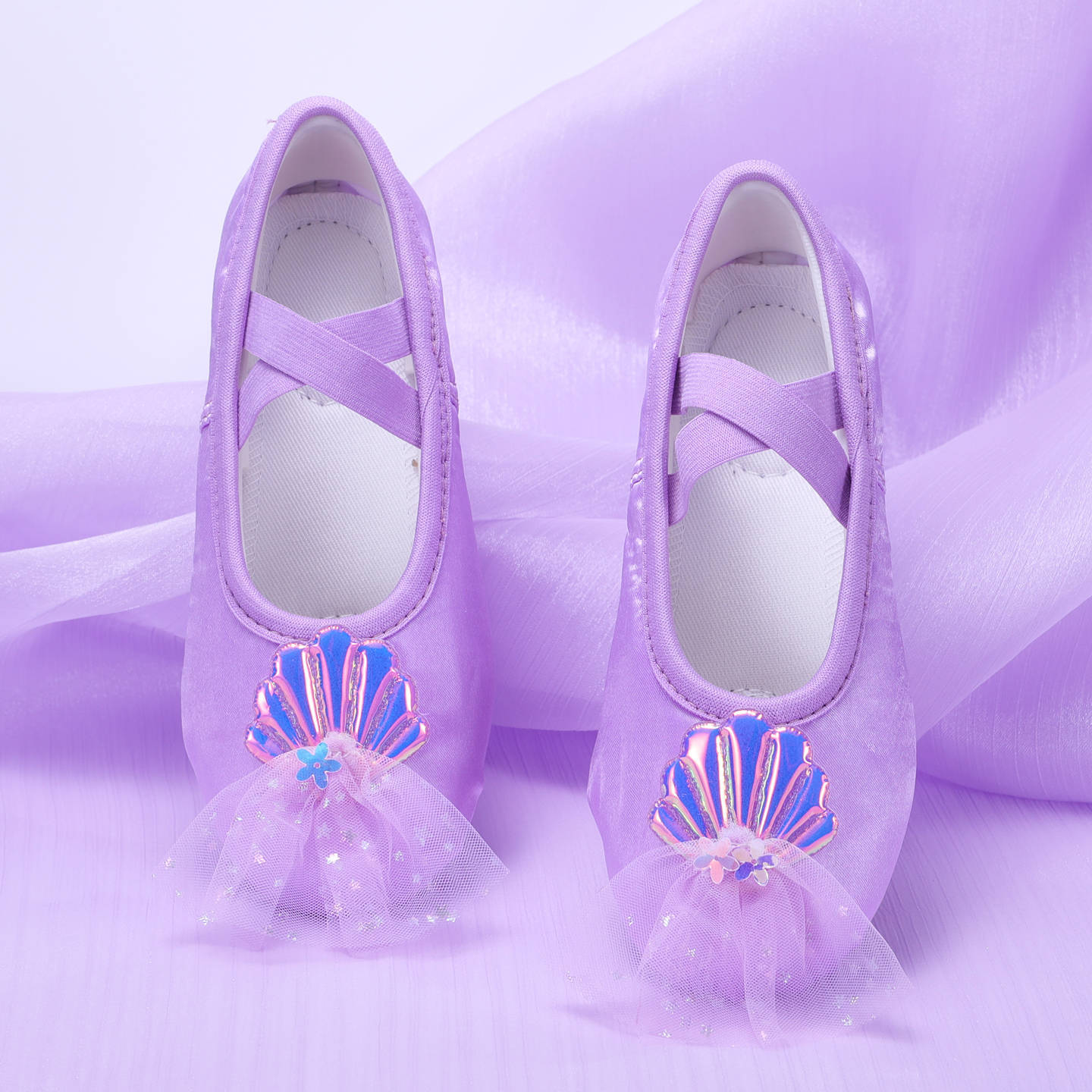 Purple Satin Kidsren's Dance Shoes Soft Sole Practice Shoes Cute Shell Mesh Stage Performance Dance Ballet 8124