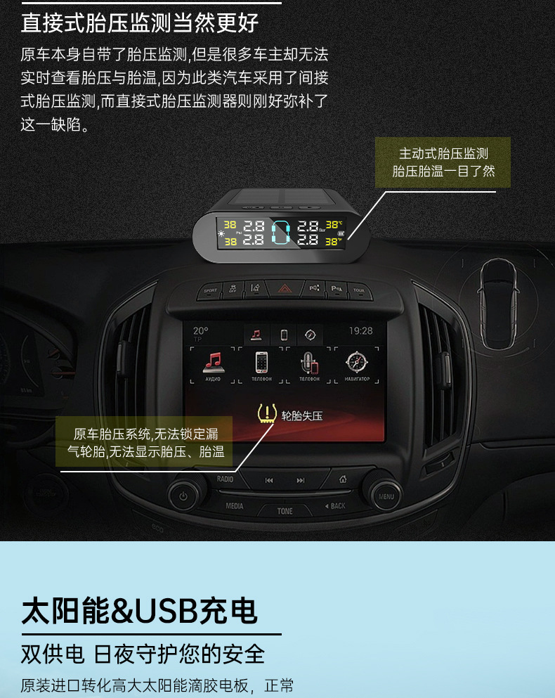 Ty06 Tire Pressure Monitoring System High-Precision Solar-Powered Tire Pressure Monitor Tpms Wireless Intelligent Tire Pressure Monitor