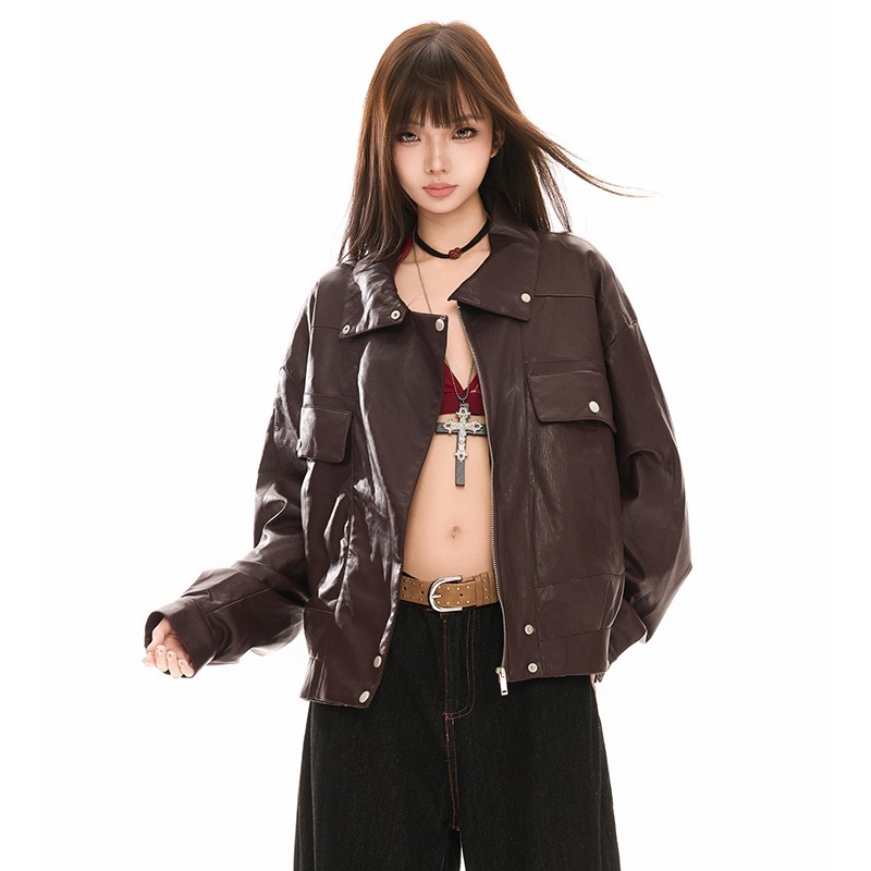 American Retro Red High-End Leather Jacket for Girls Autumn and Winter New Niche Design Stand-Up Collar Short Jacket