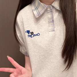 批发女童浅灰格纹Polo衫夏季爱心刺绣短袖T恤学院风洋气儿童上衣