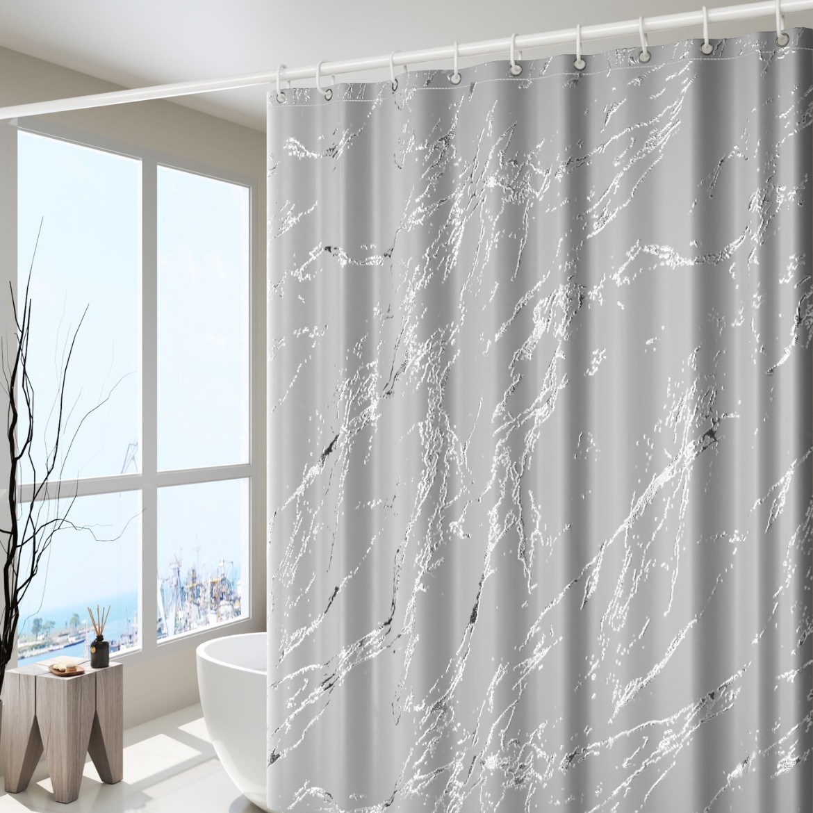 Rusia venta caliente de lujo ligero de alto nivel estampado de oro y plata estampado cortina de baño impermeable cortina de partición de baño cortina de baño sin perforación cortina de baño