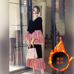 爆款加绒秋冬搭配一整套感小洋装小香风显瘦遮肉黑色丝绒套装裙子