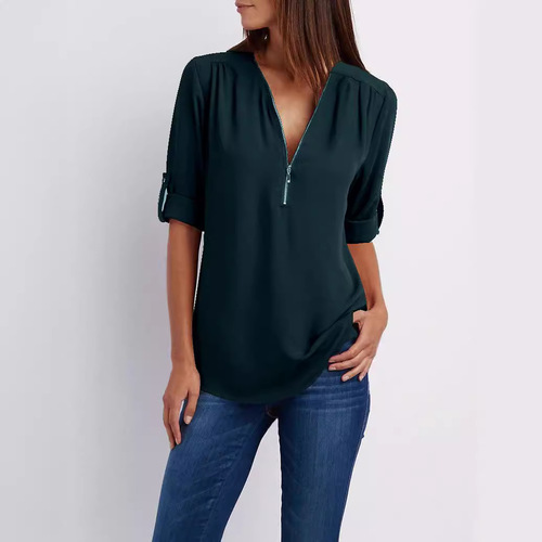  European and American shirts V-neck zipper large size women's clothes long-sleeved roll-up sleeves loose chiffon shirts Europe and America