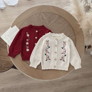 Ins Spring, Summer and Autumn Baby Pure Cotton Cut Out Knitted Cardigan Baby Girl Korean Style Round Neck Embroidered Flower Knitted Jacket