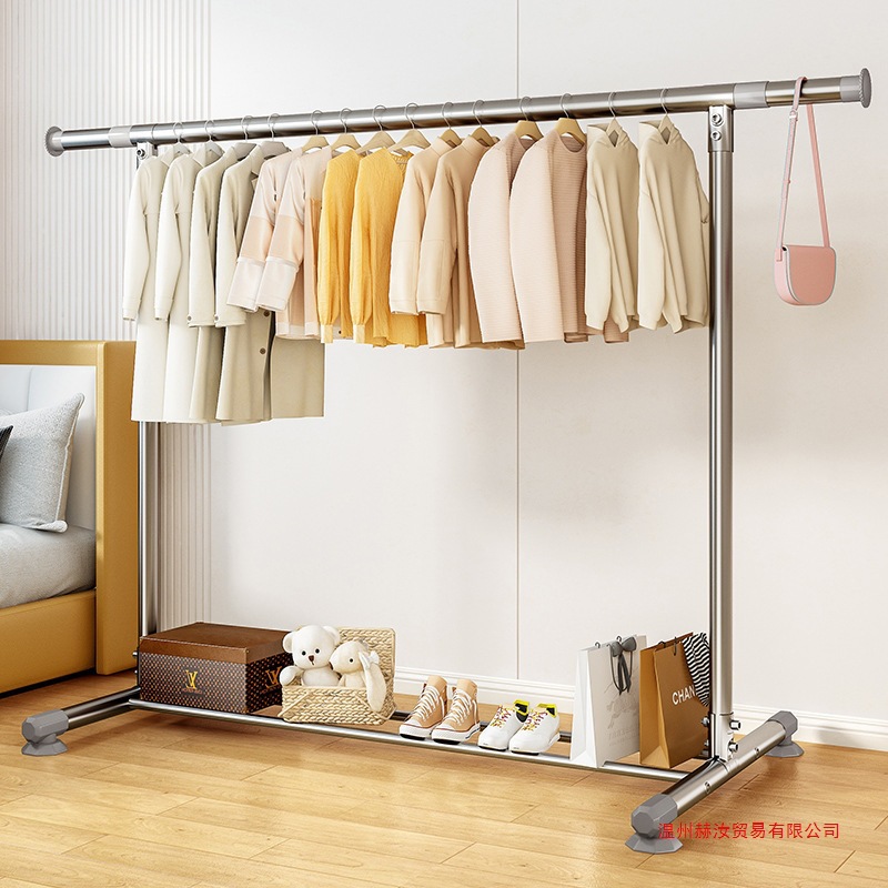 Stainless Steel Floor-Standing Clothes Drying Rack for Balcony, Thickened Household Single-Pole Telescopic Clothes Rack for Bedroom