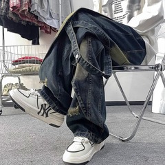 2025春に偽のジーパンの男性の直筒をつづり合わせて古い水洗いの高い街のアメリカのレジャーのブランドのごろつきのハンサムなズボンをします。