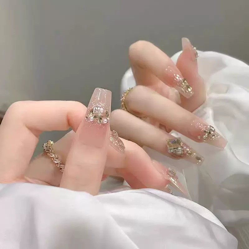 10片S007香槟方糖中梯穿戴甲可拆卸纯欲甜美腮红甲片轻奢气质贴片