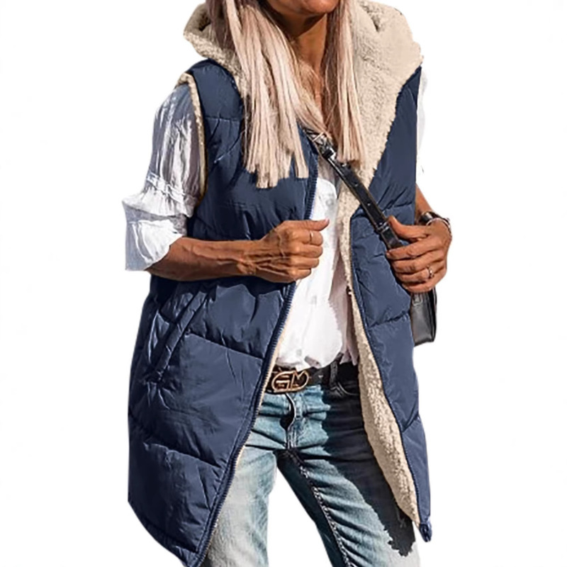 European and American Cross-Border Women's Clothing Amazon Cotton Coat Solid Color Hooded Cotton Vest Double-Sided Slim Fit Stylish Jacket
