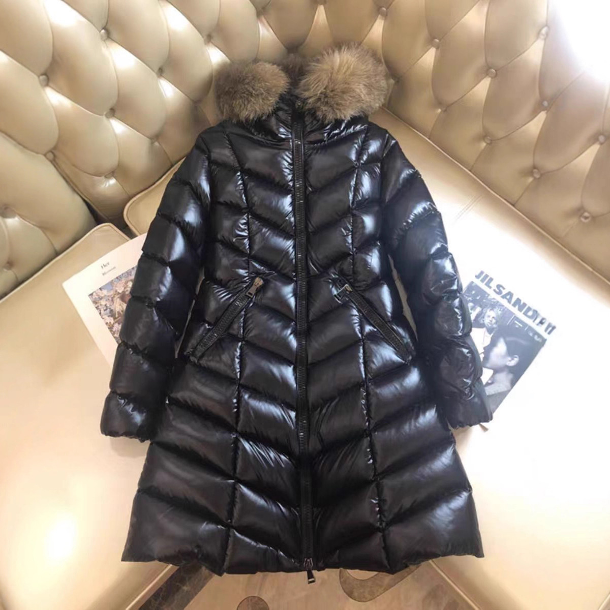 [in Stock] White Duck down Fox Fur Collar Women's down Jacket Winter 20 Glossy Wave Slim Fit Warm Coat