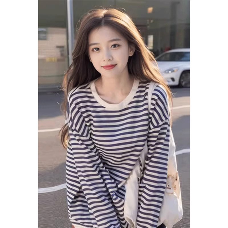 设计感小众条纹卫衣2024秋季新款内搭打底衫宽松慵懒风长袖上衣女
