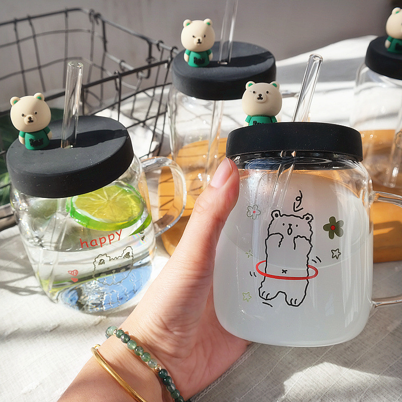 萌萌可爱小熊玻璃吸管杯子耐高温透明水杯桌面杯牛奶杯