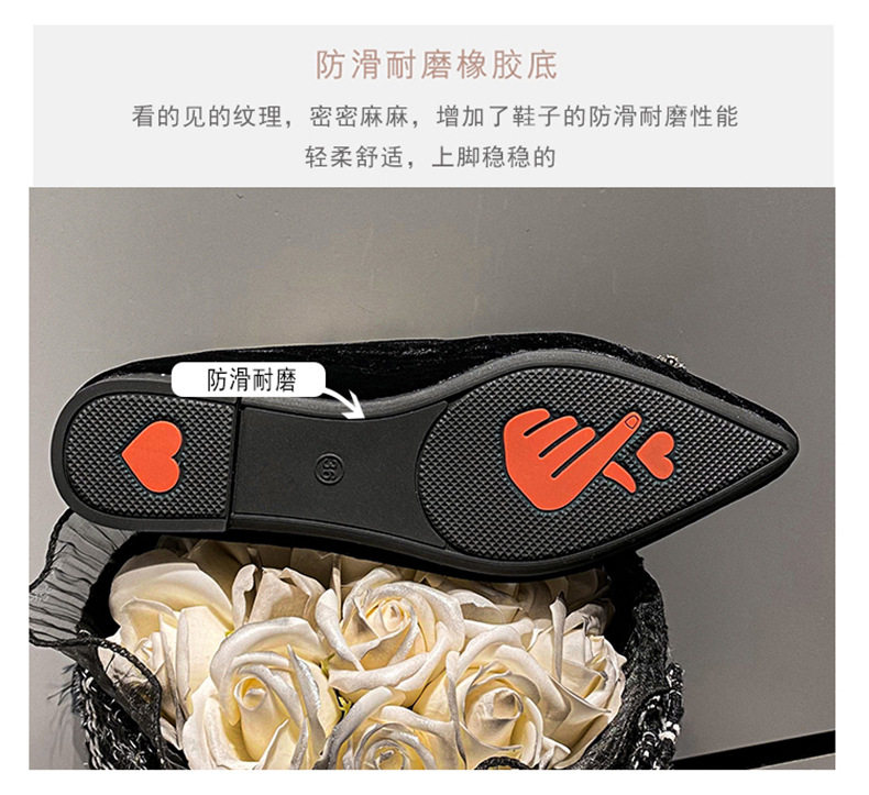 Giày búp bê nữ mũi nhọn nhung nhung Pháp khóa vuông đính đá, đế bằng, gót thấp 1–3 cm — Màu hồng (đáy phẳng), Màu đen (đế bằng) chi tiết 12