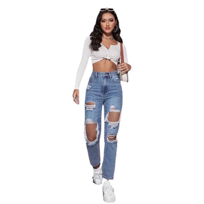 Amazon eBay jeans rotos para mujer nueva tendencia europea y americana, pantalones rectos de cintura alta lavados rotos